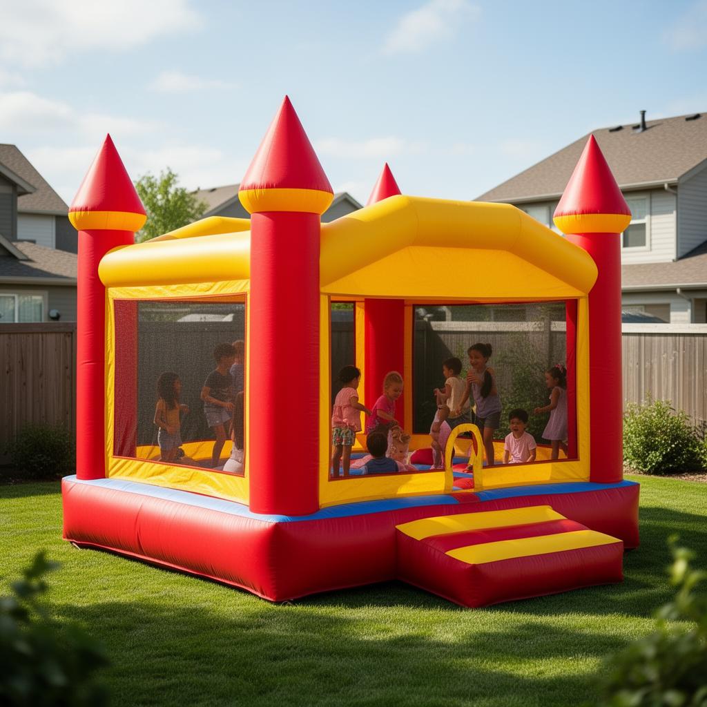 Bright red and yellow castle bounce house on green grass with kids playing